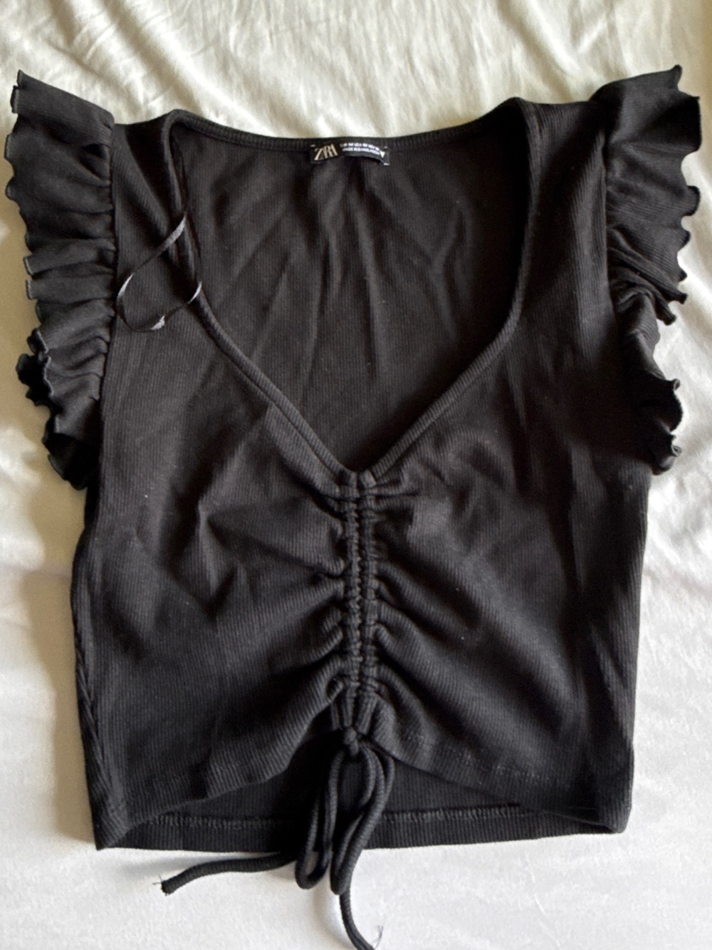 Zara Black Ribbed Knit Top with Ruffle Sleeves